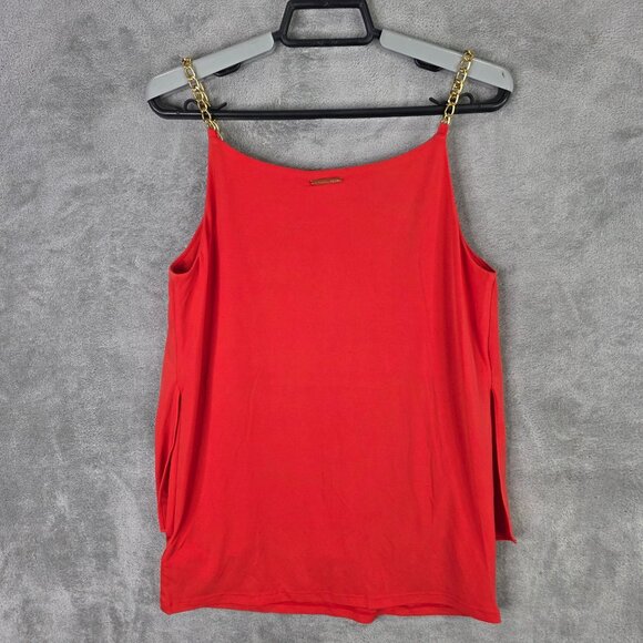 Womens Michael Kors Red Sleeveless Gold Chain Strap Tank Top Polyester Stretch S - Picture 4 of 8